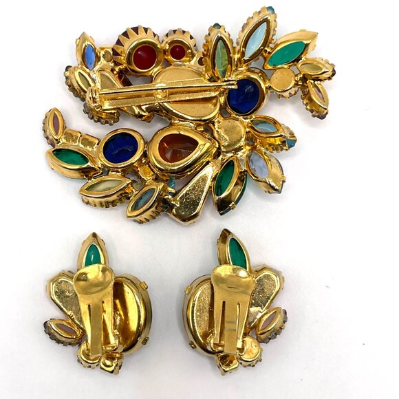 Vintage Unsigned Tutti Frutti Fruit Salad Rhinestone Brooch Clip Earrings Set - Picture 11 of 13